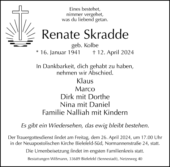 Traueranzeige von Renate Skradde von Neue Westfälische