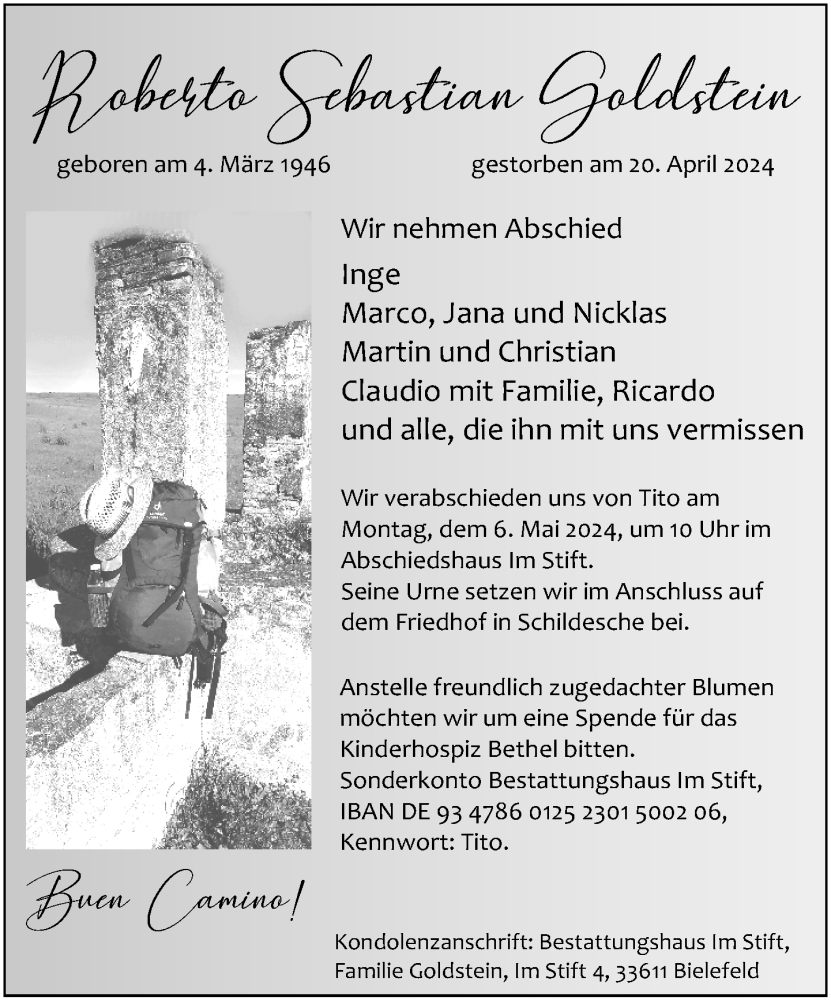  Traueranzeige für Roberto Sebastian  Goldstein vom 27.04.2024 aus Neue Westfälische
