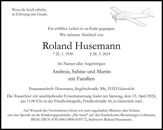 Traueranzeige von Roland Husemann von Neue Westfälische