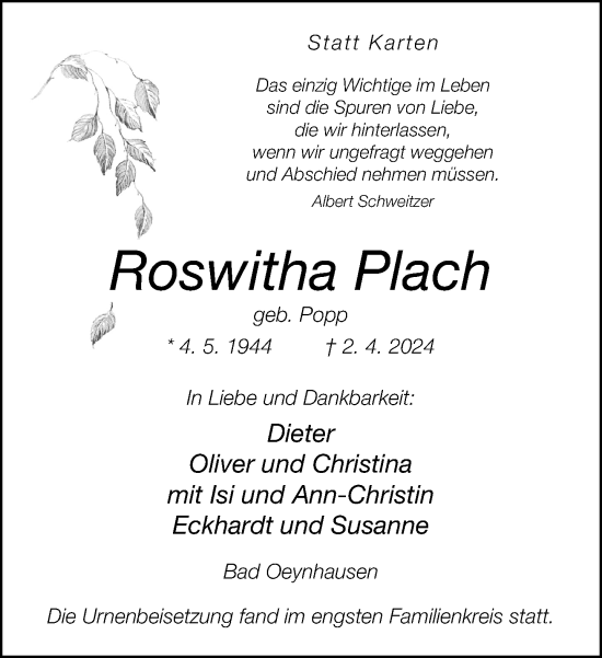 Traueranzeige von Roswitha Plach von Neue Westfälische