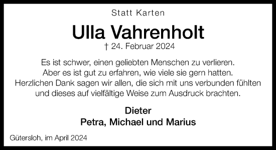 Traueranzeige von Ulla Vahrenholt von Neue Westfälische