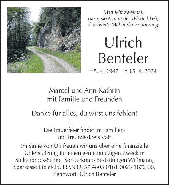 Traueranzeige von Ulrich Benteler von Neue Westfälische