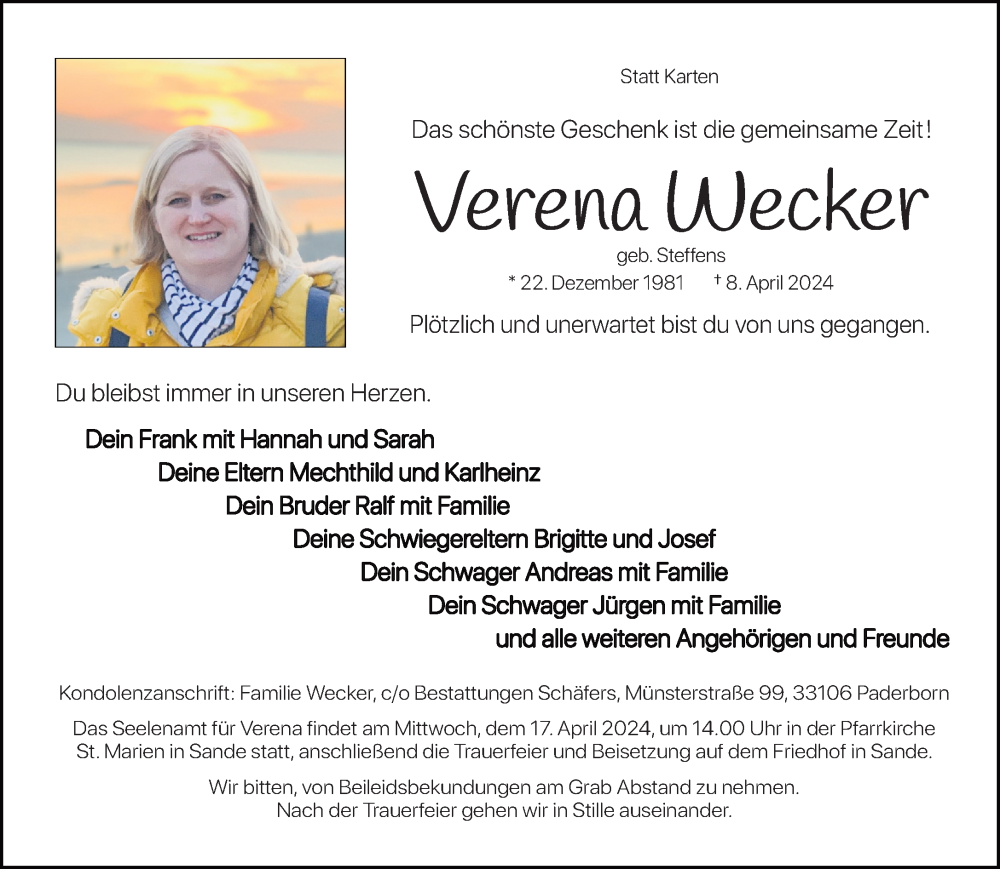  Traueranzeige für Verena Wecker vom 13.04.2024 aus Neue Westfälische