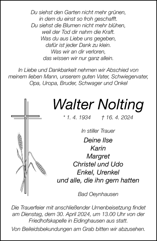 Traueranzeige von Walter Nolting von Neue Westfälische