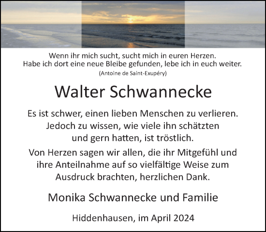 Traueranzeige von Walter Schwannecke von Neue Westfälische