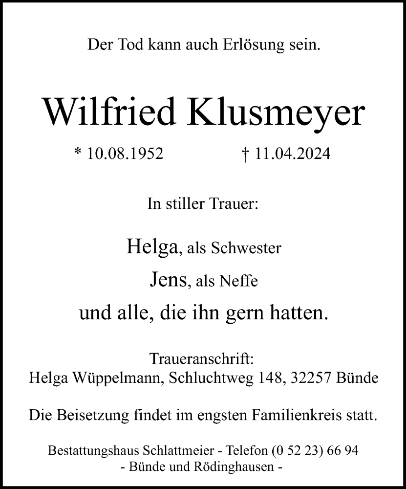  Traueranzeige für Wilfried Klusmeyer vom 20.04.2024 aus Neue Westfälische