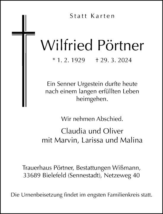 Traueranzeige von Wilfried Pörtner von Neue Westfälische
