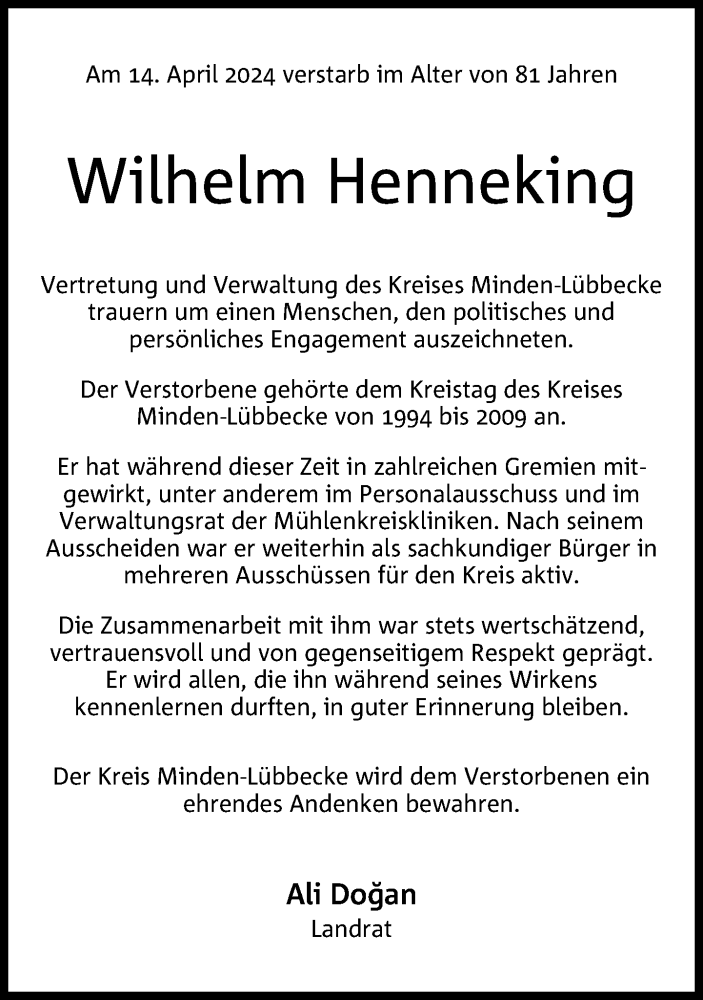  Traueranzeige für Wilhelm Henneking vom 23.04.2024 aus Neue Westfälische