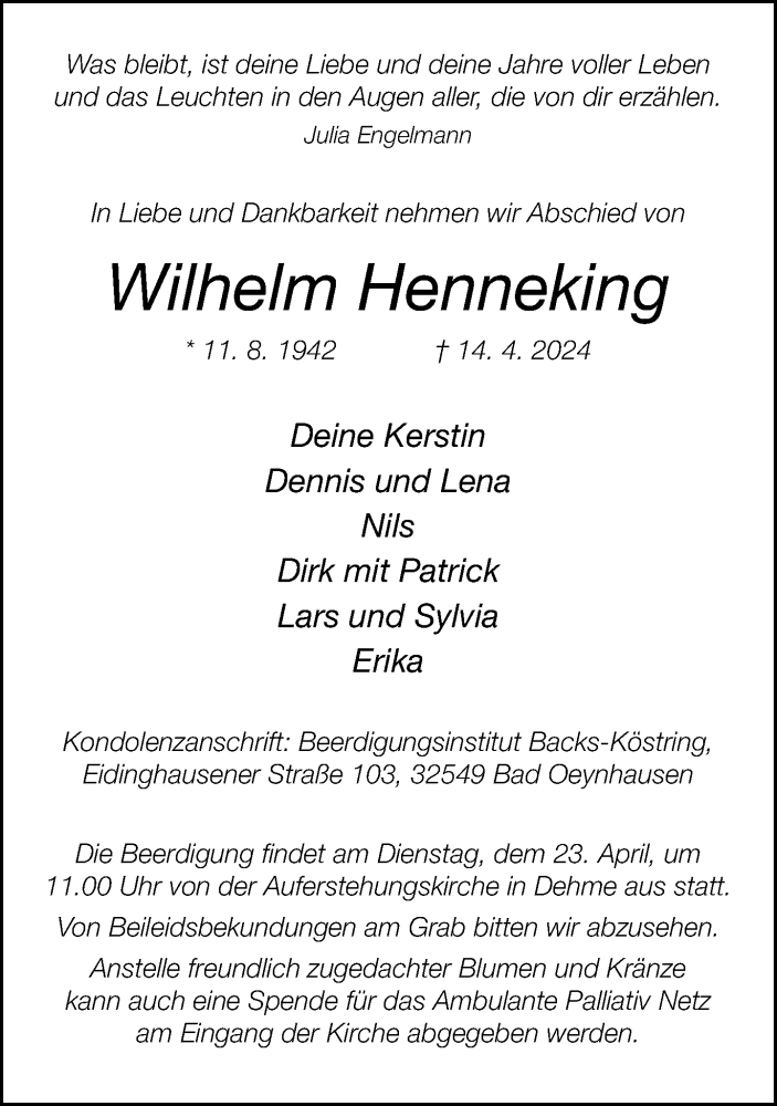  Traueranzeige für Wilhelm Henneking vom 20.04.2024 aus Neue Westfälische