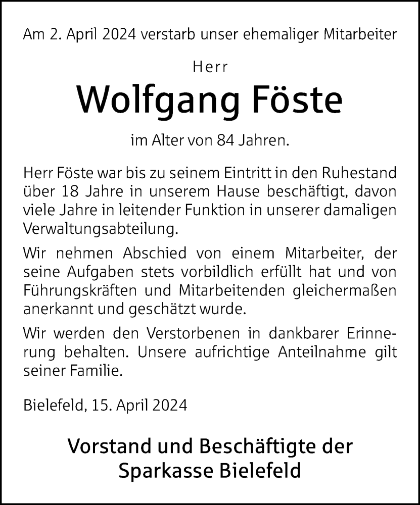  Traueranzeige für Wolfgang Föste vom 17.04.2024 aus Neue Westfälische