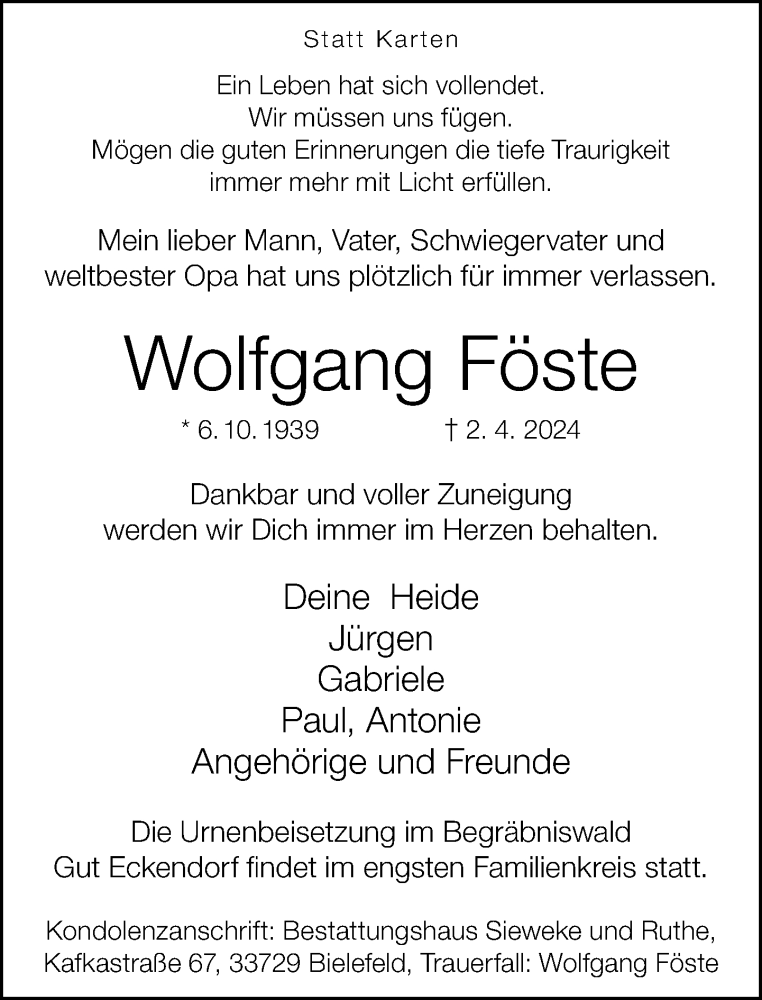  Traueranzeige für Wolfgang Föste vom 13.04.2024 aus Neue Westfälische