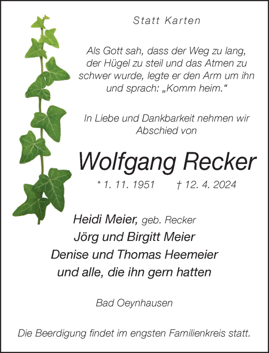 Traueranzeige von Wolfgang Recker von Neue Westfälische