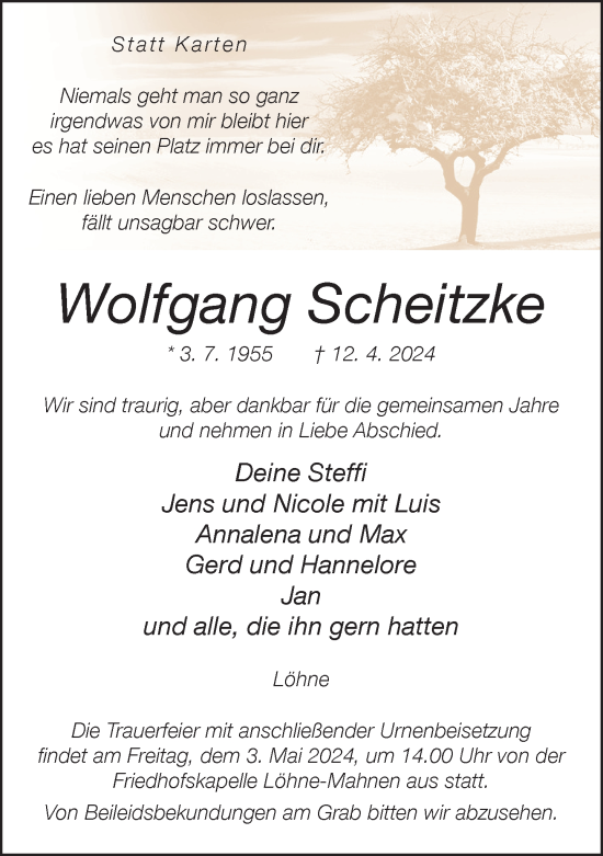 Traueranzeige von Wolfgang Scheitzke von Neue Westfälische