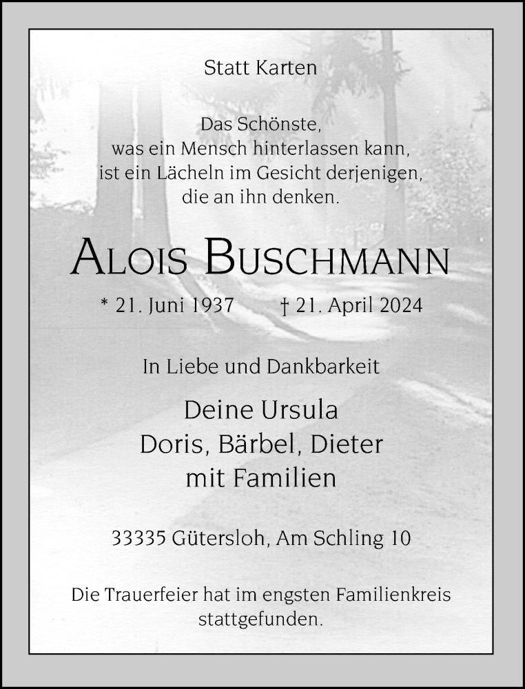  Traueranzeige für Alois Buschmann vom 04.05.2024 aus Neue Westfälische