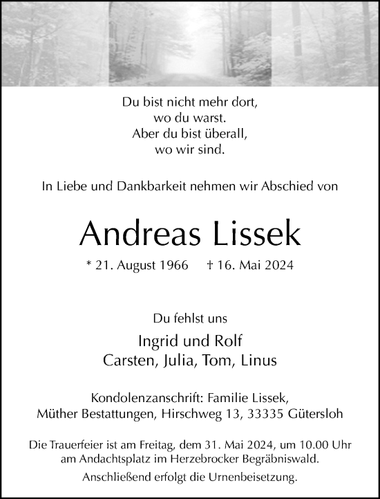 Traueranzeige von Andreas Lissek von Neue Westfälische