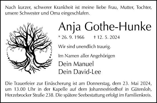 Traueranzeige von Anja Gothe-Hunke von Neue Westfälische