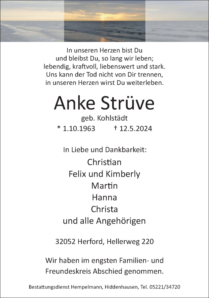 Traueranzeige für Anke Strüve vom 18.05.2024 aus Neue Westfälische