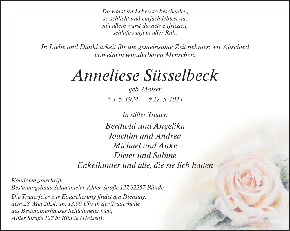  Traueranzeige für Anneliese Süsselbeck vom 25.05.2024 aus Neue Westfälische