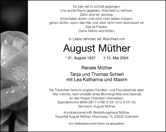 Traueranzeige von August Müther von Neue Westfälische