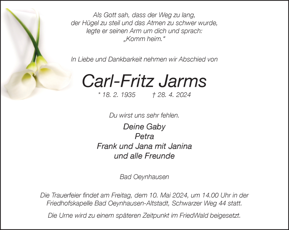  Traueranzeige für Carl-Fritz Jarms vom 04.05.2024 aus Neue Westfälische
