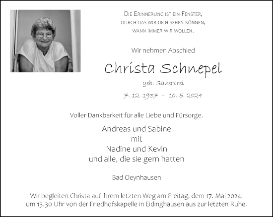 Traueranzeige von Christa Schnepel von Neue Westfälische