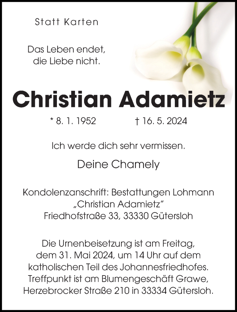  Traueranzeige für Christian Adamietz vom 25.05.2024 aus Neue Westfälische