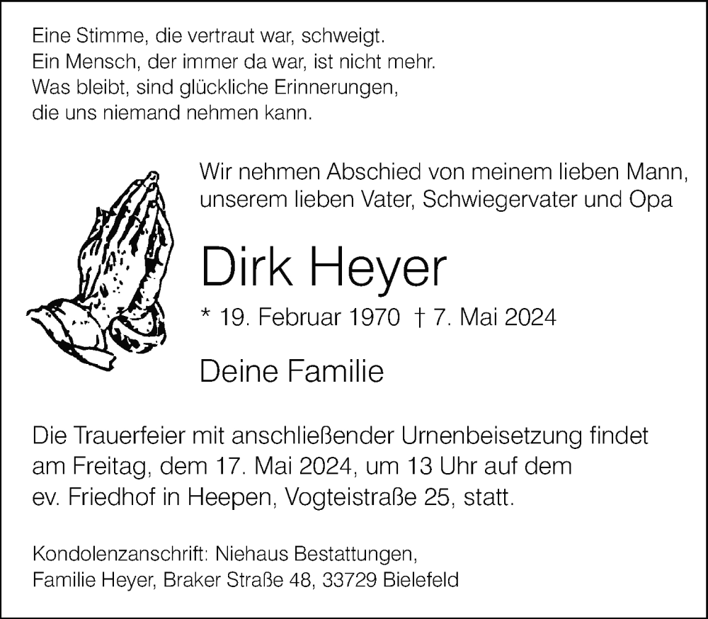  Traueranzeige für Dirk Heyer vom 11.05.2024 aus Neue Westfälische