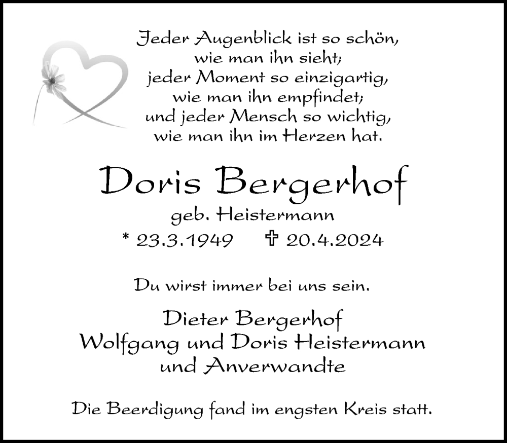  Traueranzeige für Doris Bergerhof vom 04.05.2024 aus Neue Westfälische
