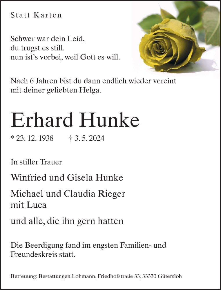  Traueranzeige für Erhard Hunke vom 18.05.2024 aus Neue Westfälische
