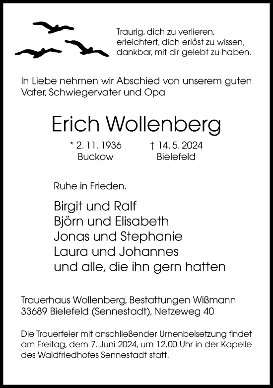 Traueranzeige von Erich Wollenberg von Neue Westfälische