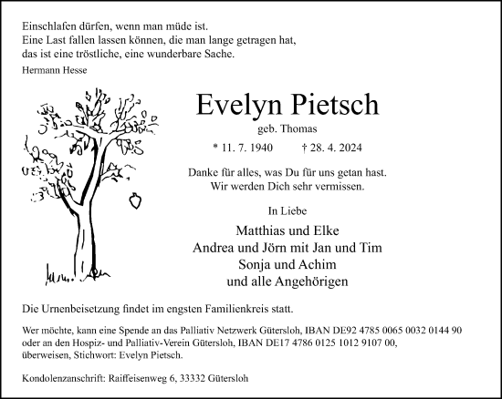 Traueranzeige von Evelyn Pietsch von Neue Westfälische