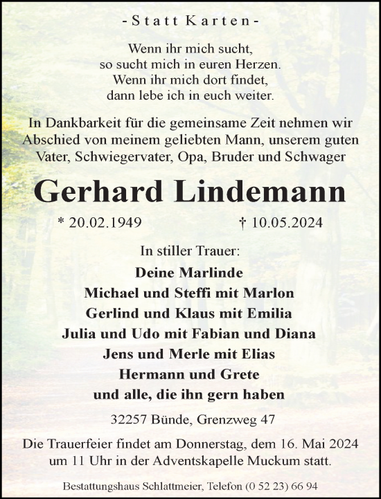 Traueranzeige von Gerhard Lindemann von Neue Westfälische