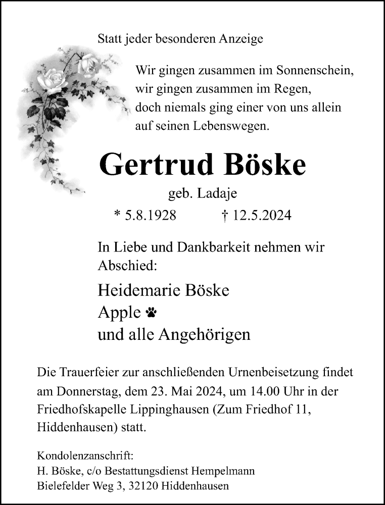  Traueranzeige für Gertrud Böske vom 18.05.2024 aus Neue Westfälische
