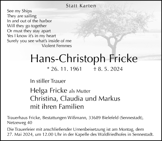 Traueranzeige von Hans-Christoph Fricke von Neue Westfälische