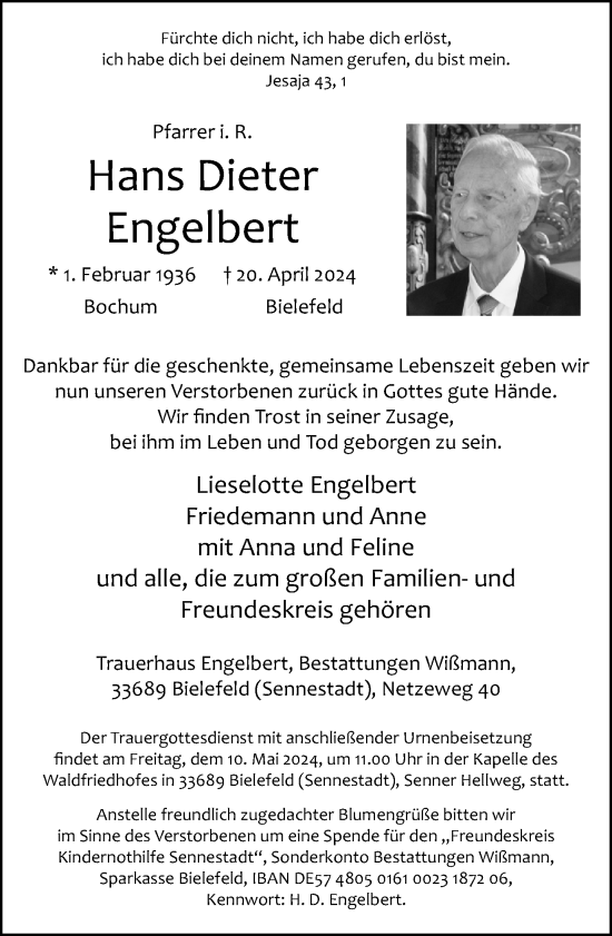 Traueranzeige von Hans Dieter Engelbert von Neue Westfälische