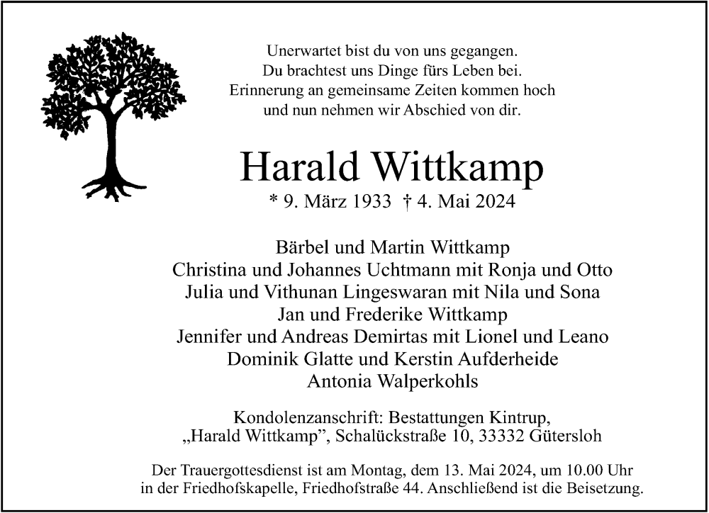  Traueranzeige für Harald Wittkamp vom 08.05.2024 aus Neue Westfälische