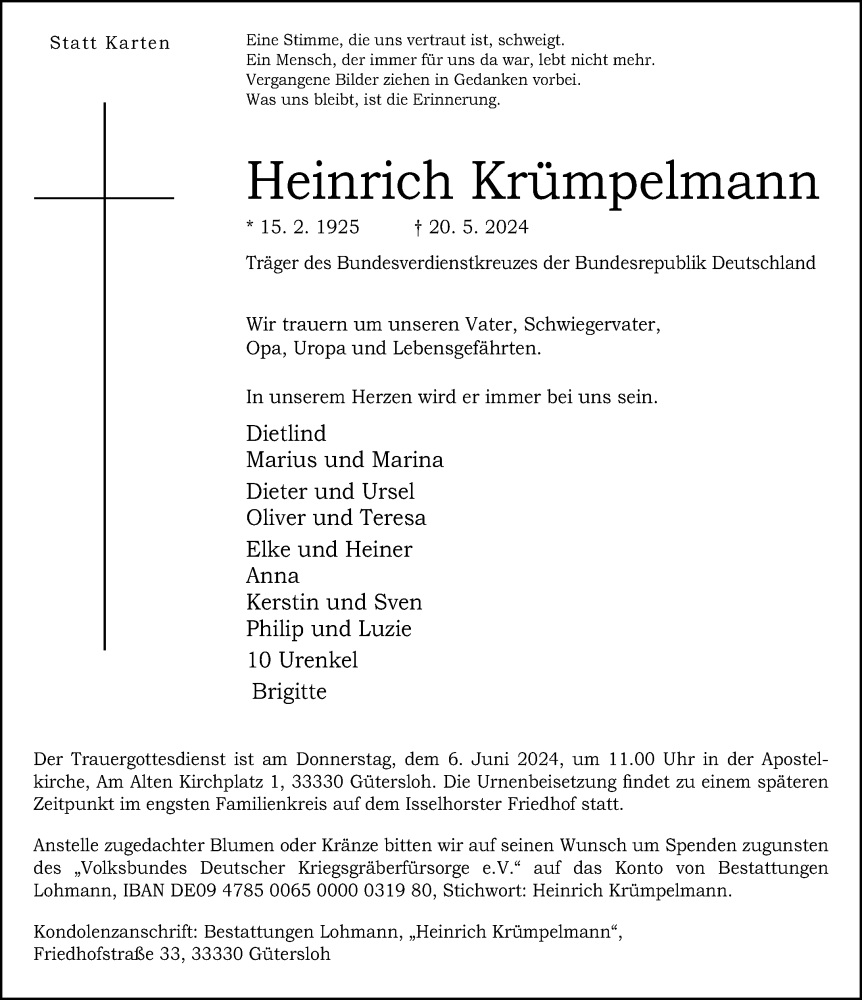  Traueranzeige für Heinrich Krümpelmann vom 25.05.2024 aus Neue Westfälische