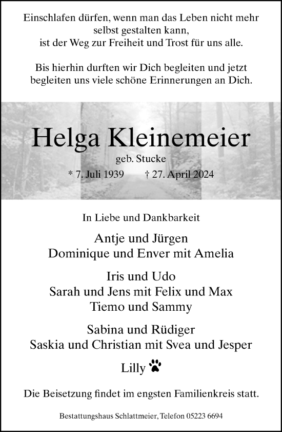 Traueranzeige von Helga Kleinemeier von Neue Westfälische