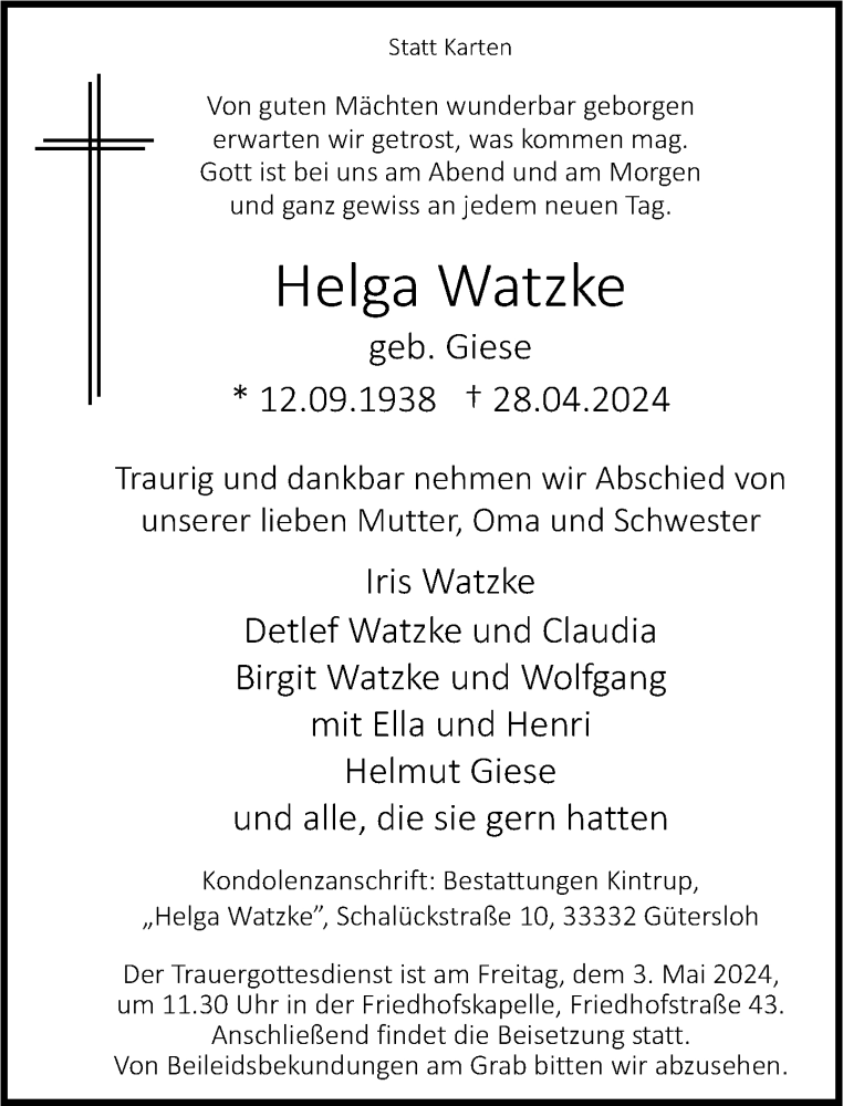  Traueranzeige für Helga Watzke vom 01.05.2024 aus Neue Westfälische