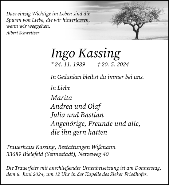 Traueranzeige von Ingo Kassing von Neue Westfälische
