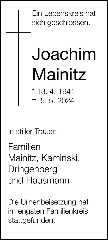 Traueranzeige von Joachim Mainitz von Neue Westfälische