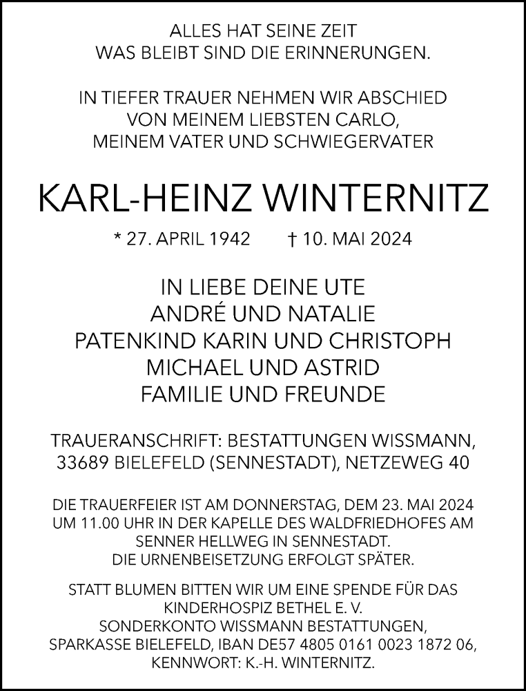  Traueranzeige für Karl-Heinz Winternitz vom 18.05.2024 aus Neue Westfälische
