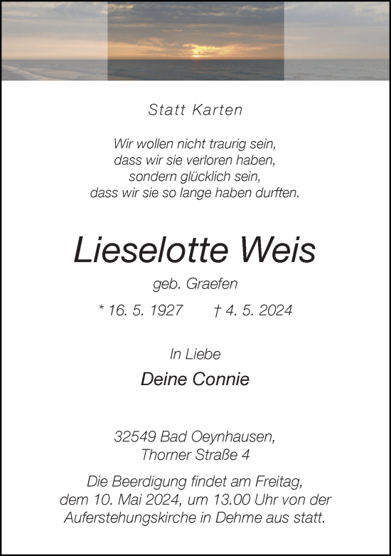 Traueranzeige von Lieselotte Weis von Neue Westfälische