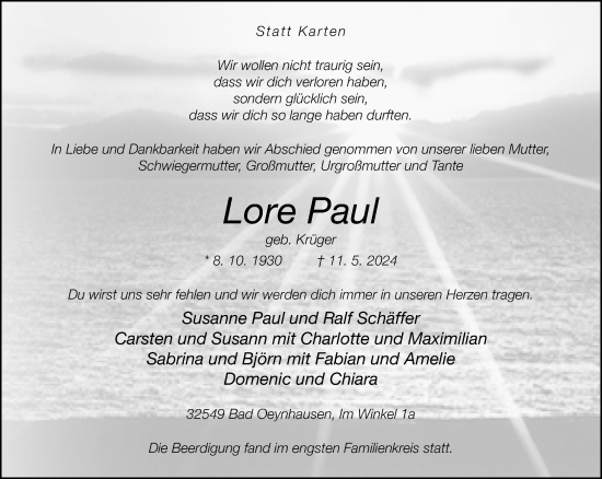 Traueranzeige von Lore Paul von Neue Westfälische
