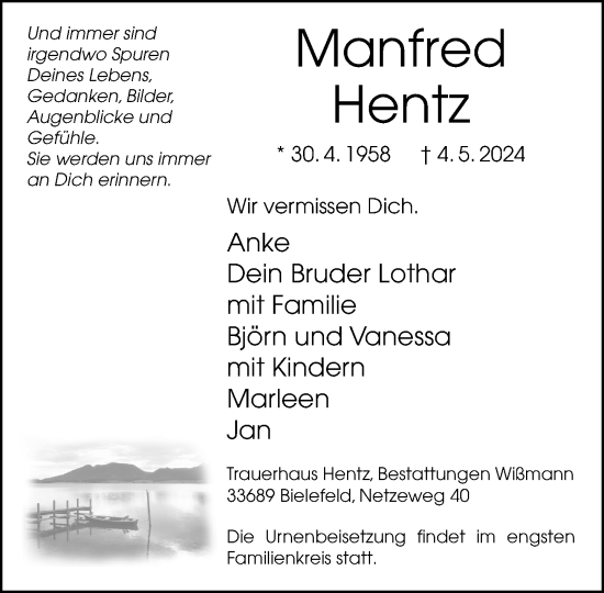 Traueranzeige von Manfred Hentz von Neue Westfälische