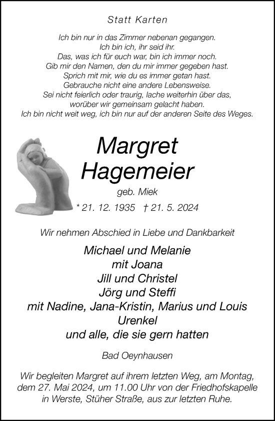 Traueranzeige von Margret Hagemeier von Neue Westfälische