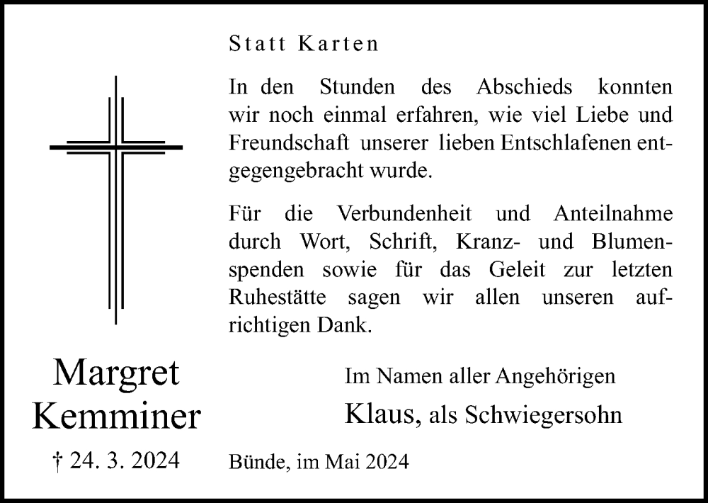  Traueranzeige für Margret Kemminer vom 11.05.2024 aus Neue Westfälische