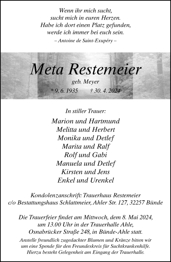 Traueranzeige von Meta Restemeier von Neue Westfälische