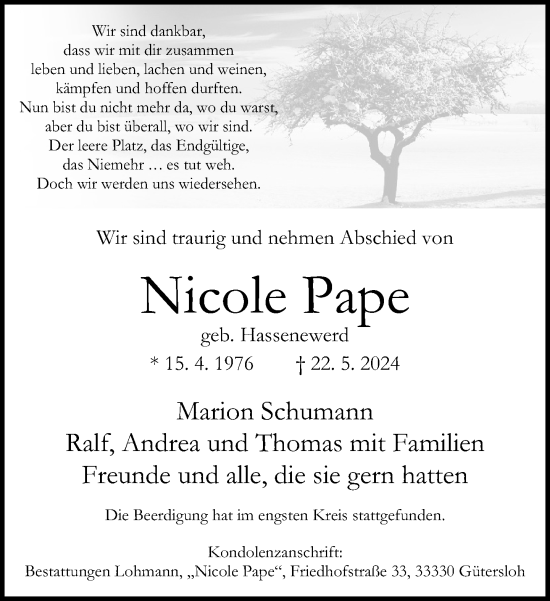 Traueranzeige von Nicole Pape von Neue Westfälische