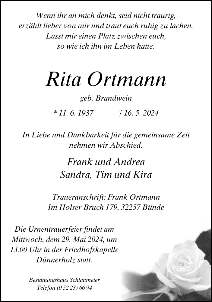  Traueranzeige für Rita Ortmann vom 25.05.2024 aus Neue Westfälische